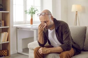A man pinching the bridge of his nose, his glasses resting on his head.